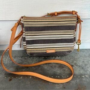 Fossil Farrah Logo Faux Leather Striped Crossbody Bag Purse Canvas 10” X 7”